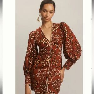 FARM RIO X ANTHROPOLOGIE LONG-SLEEVE V-NECK MINI DRESS